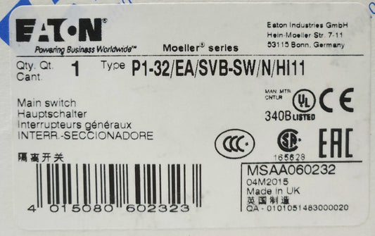 EATON MOELLER P1-32 EA SVB-SW N HI11 BLACK Rotary Disconnect Isolation Main Swit