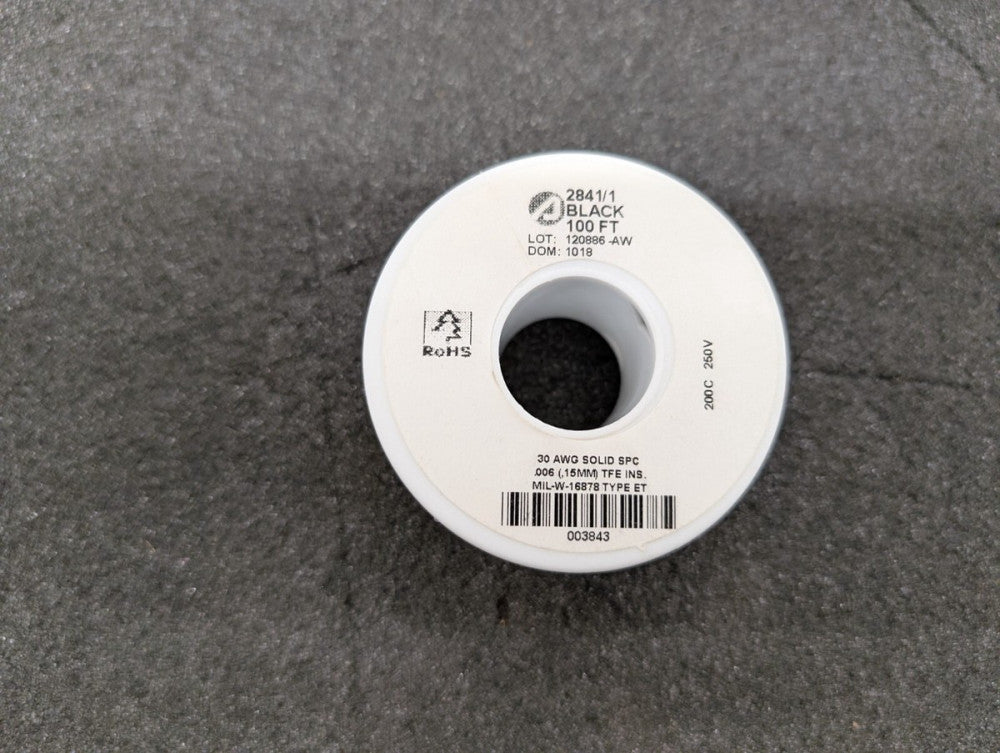 New, Alpha Wire, 2841/1 BK005, HOOK-UP SOLID 30AWG BLACK - Spool of 100'