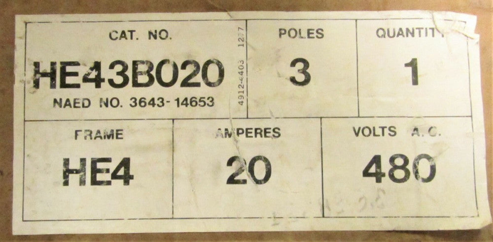 GOULD ITE SIEMENS HE43BO20 3 Pole 20AMP Type HE4 Circuit Breaker 480VAC 