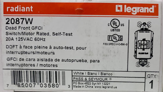 PASS SEYMOUR LEGRAND 2087W Dead Front GFCI 20 AMP Self Test Receptacle 125 VAC