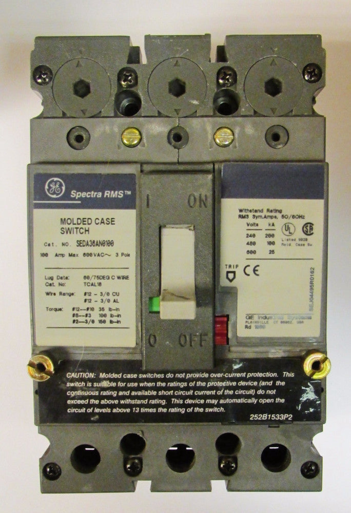 GENERAL ELECTRIC GE SEDA36AN0100 Spectra RMS 3 Pole 100 Amp Molded Case Switch