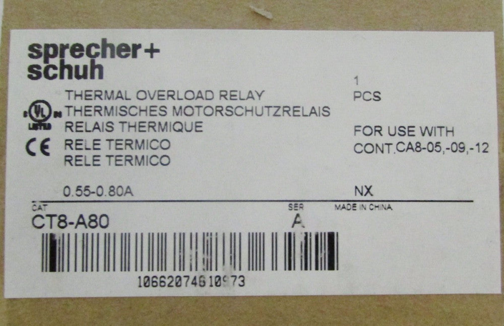 SPRECHER & SCHUH CT8 A80 Thermal Overload Relay 0.55-0.80 Amp 