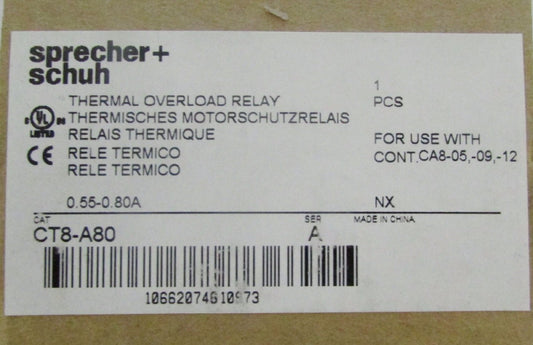 SPRECHER & SCHUH CT8 A80 Thermal Overload Relay 0.55-0.80 Amp 