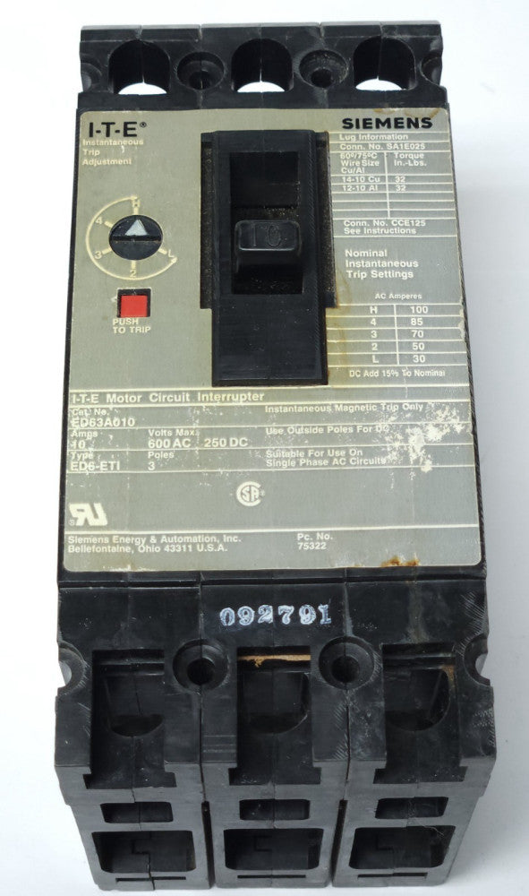 SIEMENS ITE ED63A010 3 Pole 10 AMP Type ED6 RTI Motor Circuit Breaker Interrupte