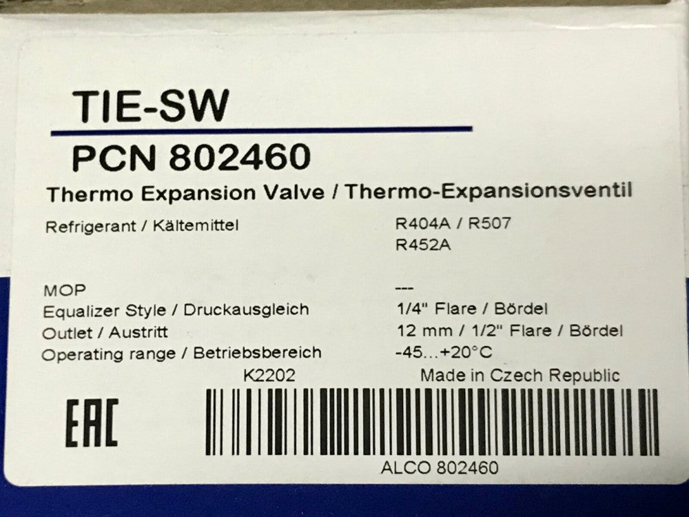 EMERSON TIE SW PCN 802460 Thermo Expansion Valve R404A R507 R452A 1/4” Flare