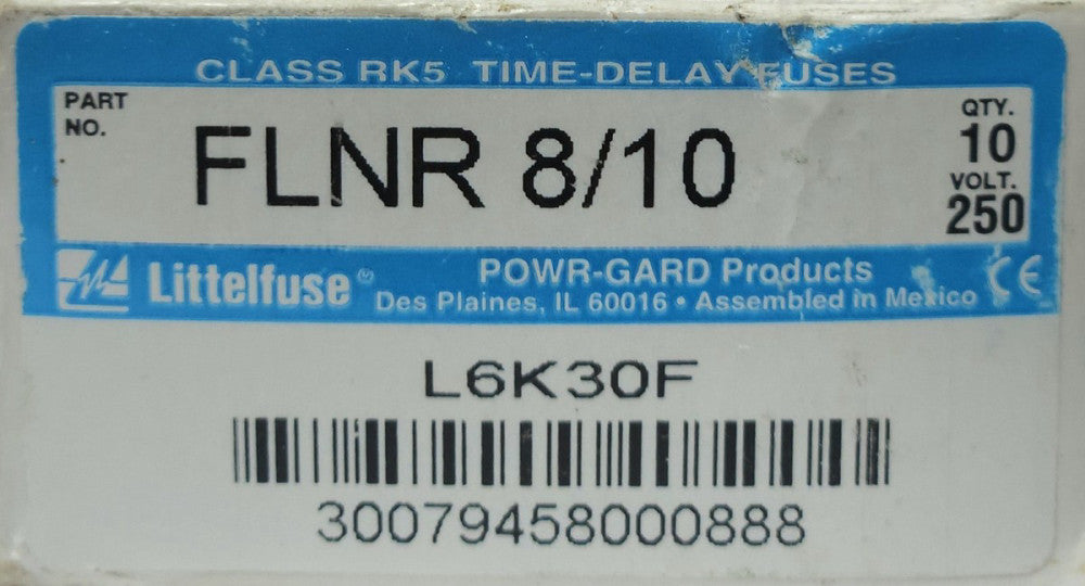 BOX OF 10 LITTELFUSE FLNR 8/10 250 VAC 8 to 10 AMP Timer Delay Fuse POWR GARD