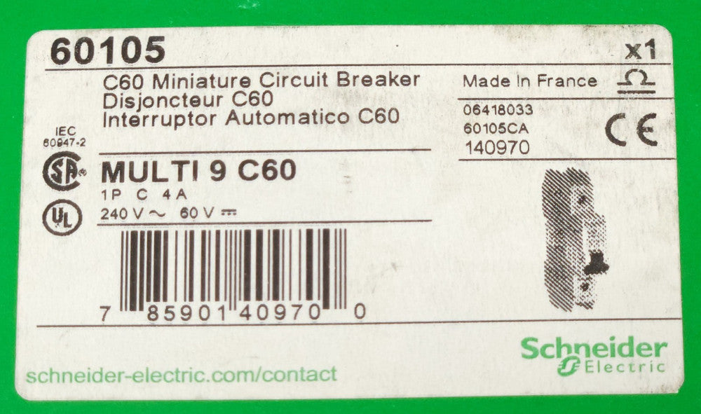SCHNEIDER ELECTRIC 60105 MULTI 9 C60 Single Pole 4 AMP Miniature Circuit Breaker