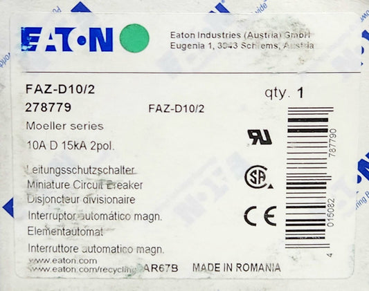 EATON MOELLER FAZ-D10/2 2 Pole 10 AMP 277/480 VAC Miniature Circuit Breaker