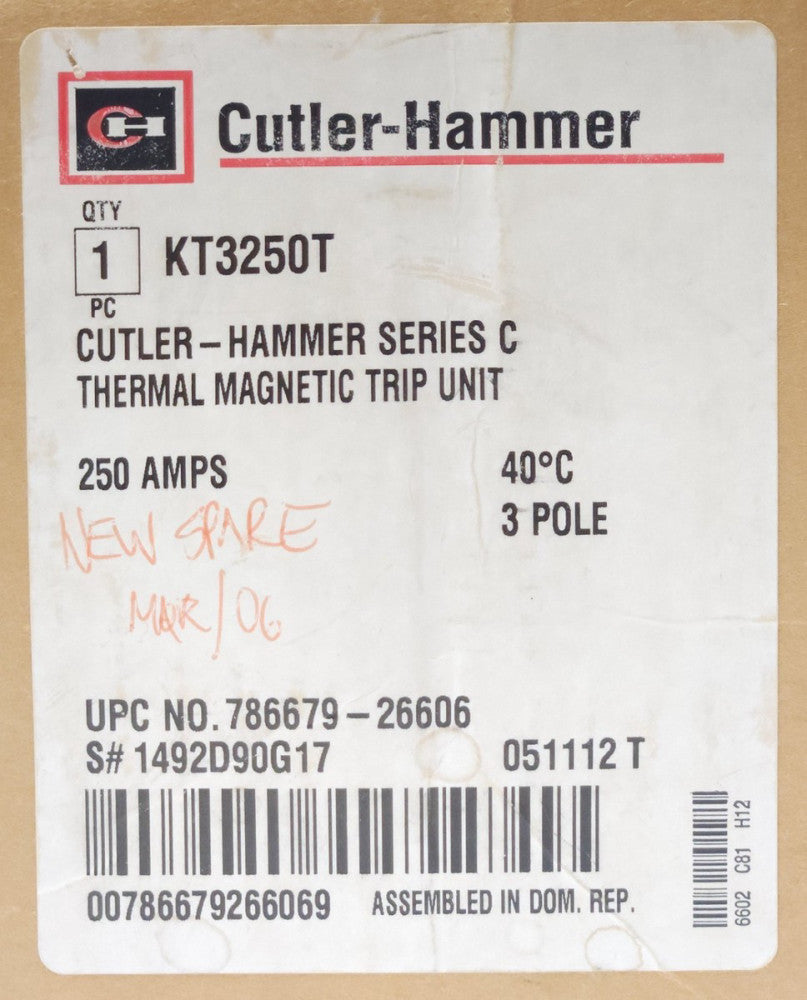 EATON CUTLER HAMMER KT3250T 3 Pole 250 AMP K Frame TRIP Unit Type KD HKD 1492D90