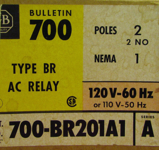 ALLEN BRADLEY 700 BR201A1 BR200A1 Relay Nema 1 Enclosure Type BR AC Relay
