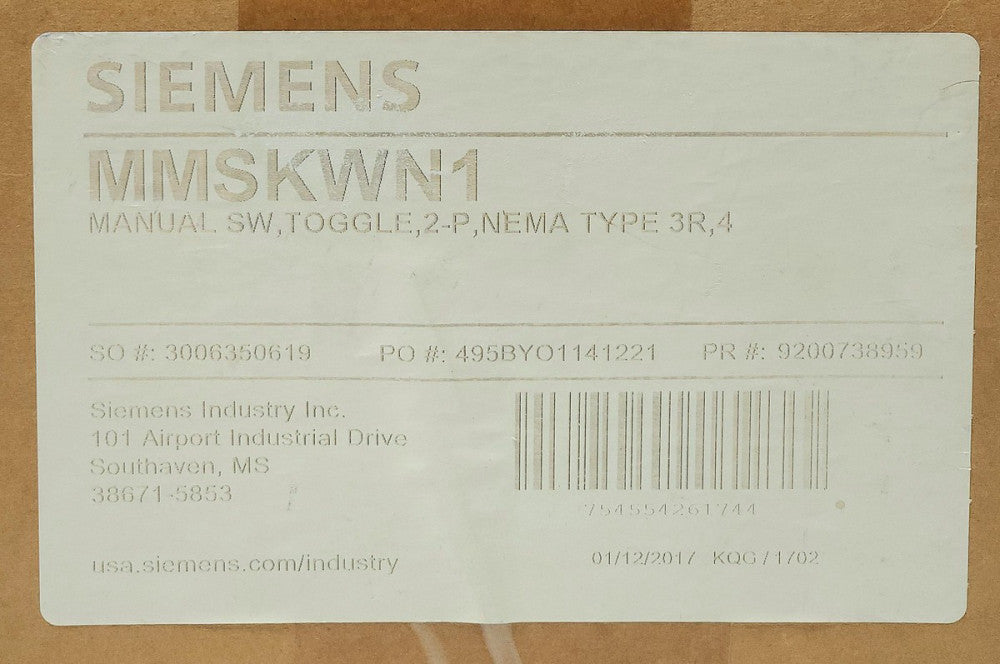 SIEMENS MMSKWN1 Manual Motor Starter Switch Kit MMSK01 Manual Switch 2 Pole Togg