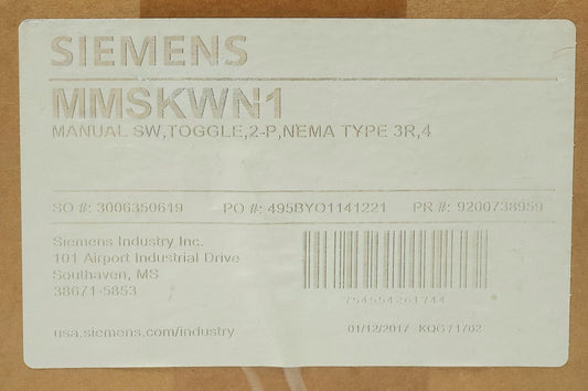 SIEMENS MMSKWN1 Manual Motor Starter Switch Kit MMSK01 Manual Switch 2 Pole Togg