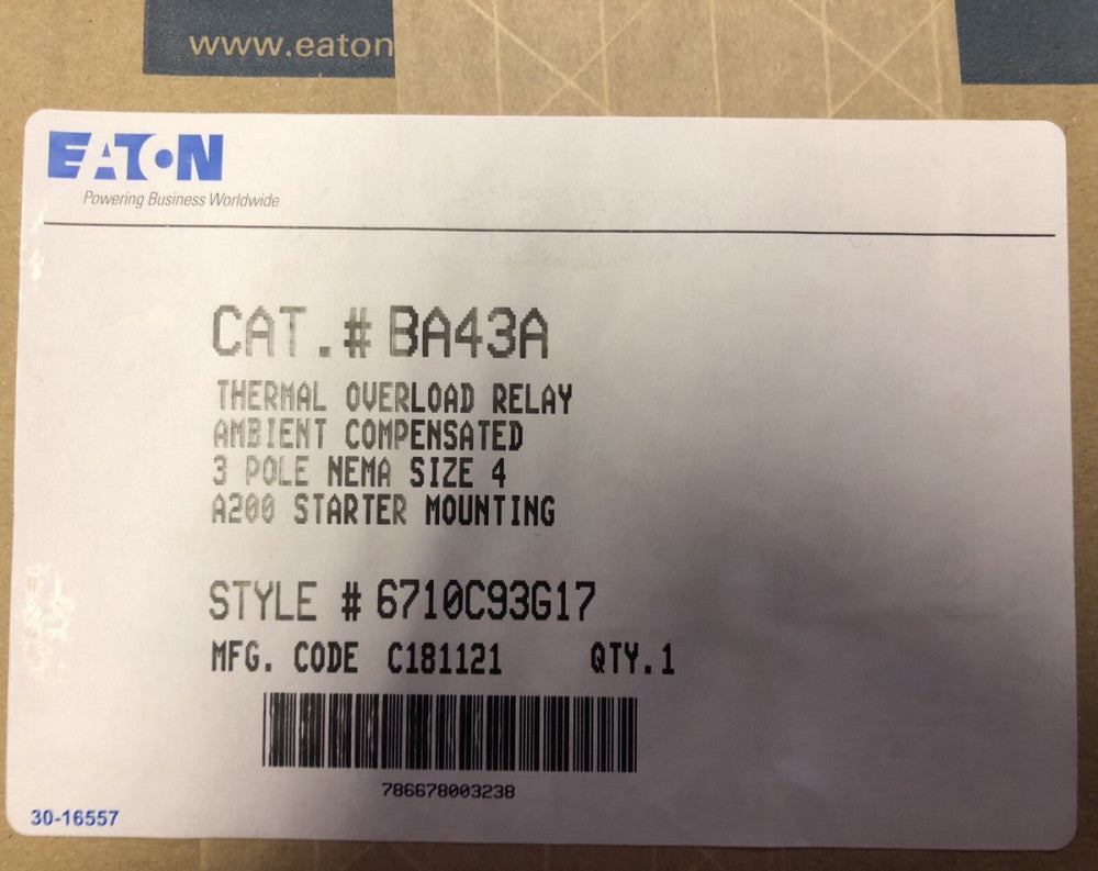 CUTLER HAMMER A200 Size 4 Starter Mount Overload Relay 3 Pole BA43A 6710C93G17