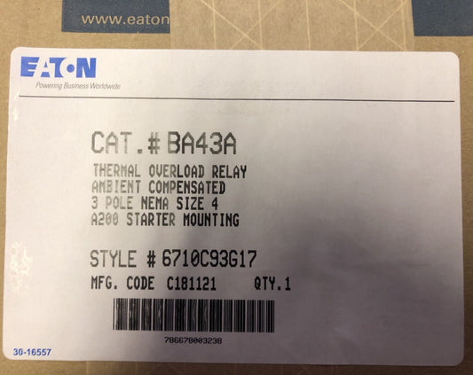 CUTLER HAMMER A200 Size 4 Starter Mount Overload Relay 3 Pole BA43A 6710C93G17