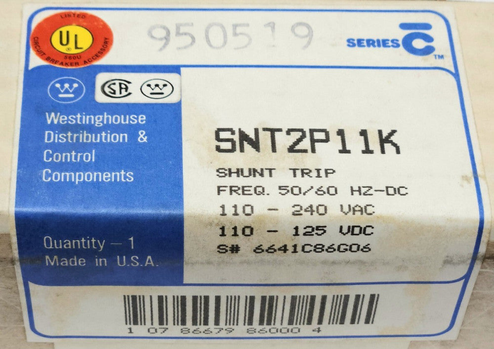 CUTLER HAMMER WESTINGHOUSE SNT2P11K 110-240 VAC 110-125 VDC J Frame Shunt TRIP