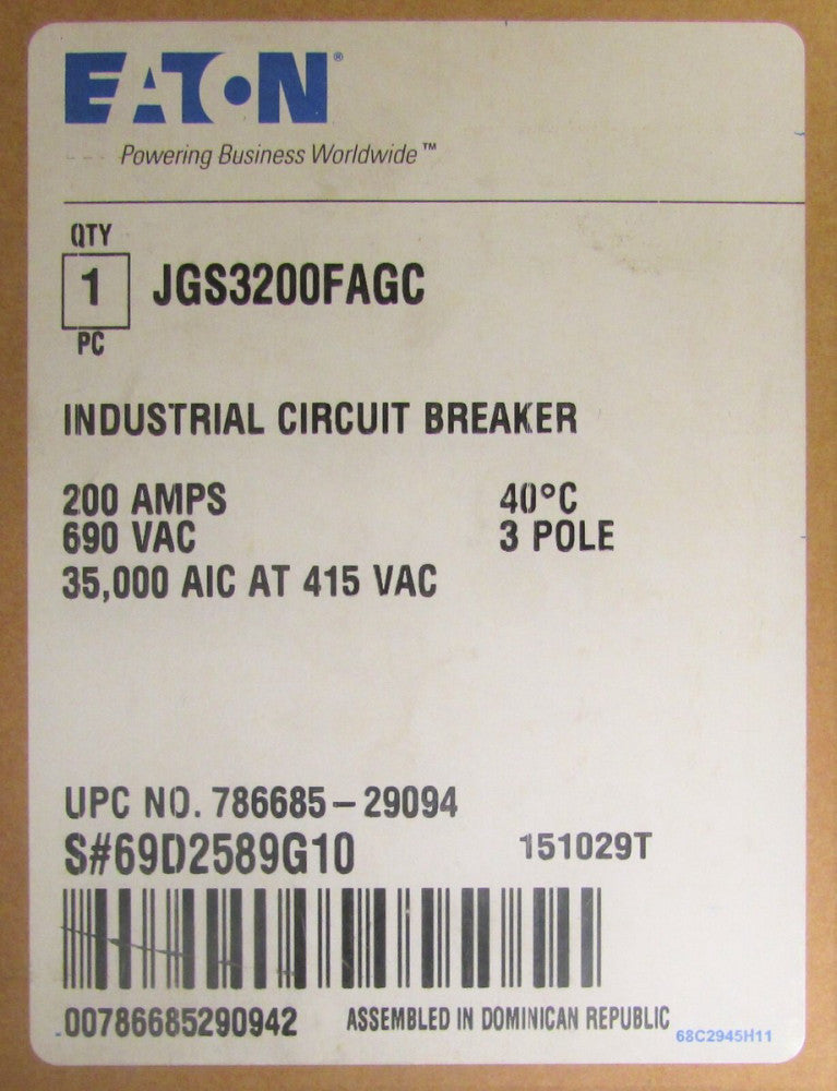 EATON CUTLER HAMMER JGS3200FAGC 3Pole 200AMP J250S-C Circuit Breaker JGS3200FAG