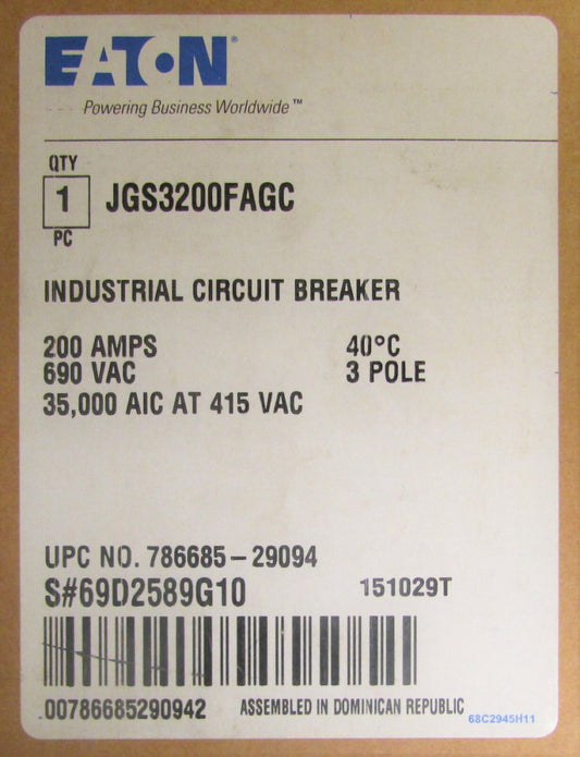 EATON CUTLER HAMMER JGS3200FAGC 3Pole 200AMP J250S-C Circuit Breaker JGS3200FAG