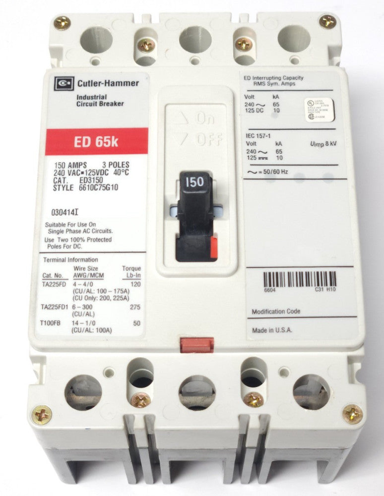 EATON CUTLER HAMMER ED3150 3 Pole 150 AMP Type ED Circuit Breaker ED 65K 240 VAC