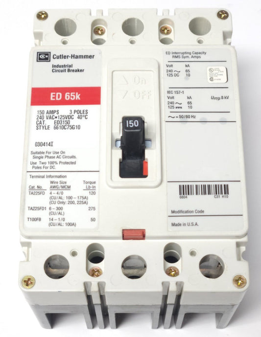 EATON CUTLER HAMMER ED3150 3 Pole 150 AMP Type ED Circuit Breaker ED 65K 240 VAC