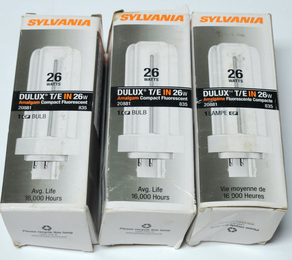 LOT OF 3 SYLVANIA 20881 DULUX T/E IN 24W FLUORESCENT LAMP GX24Q-3 CF26DT/E/IN/83