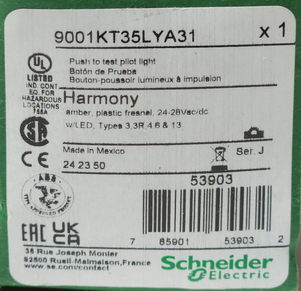 SCHNEIDER ELECTRIC 9001KT35LYA31 AMBER LED CLUSTER Push to Test Pilot Light Push
