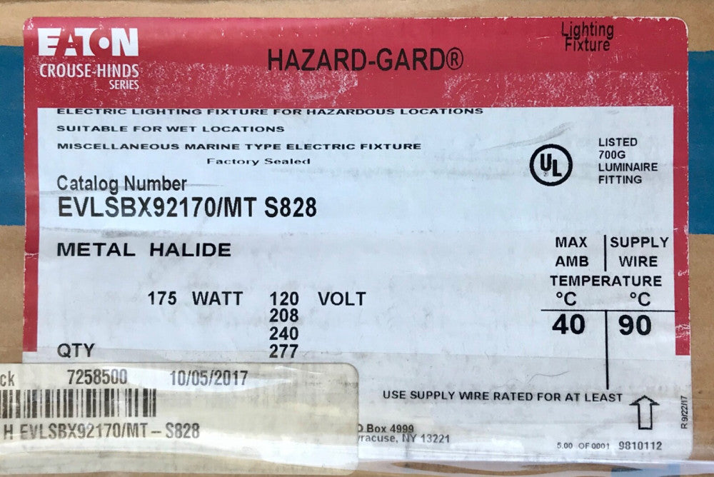 EATON CROUSE HINDS EVLSBX92170 MT S828 175 Watt 120-277 VAC HAZARD GARD Metal