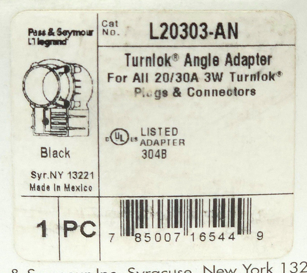 PASS & SEYMOUR L20303-AN Angle Adapter for 20/30A 3W Turnlok Plugs & Connectors