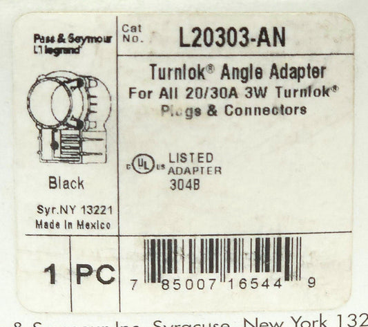 PASS & SEYMOUR L20303-AN Angle Adapter for 20/30A 3W Turnlok Plugs & Connectors