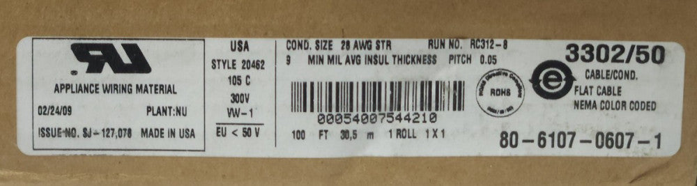 3M 3302/50 Appliance WIRING Material 3302 50 Conductor 100' 28 AWG Flat CABLE 80