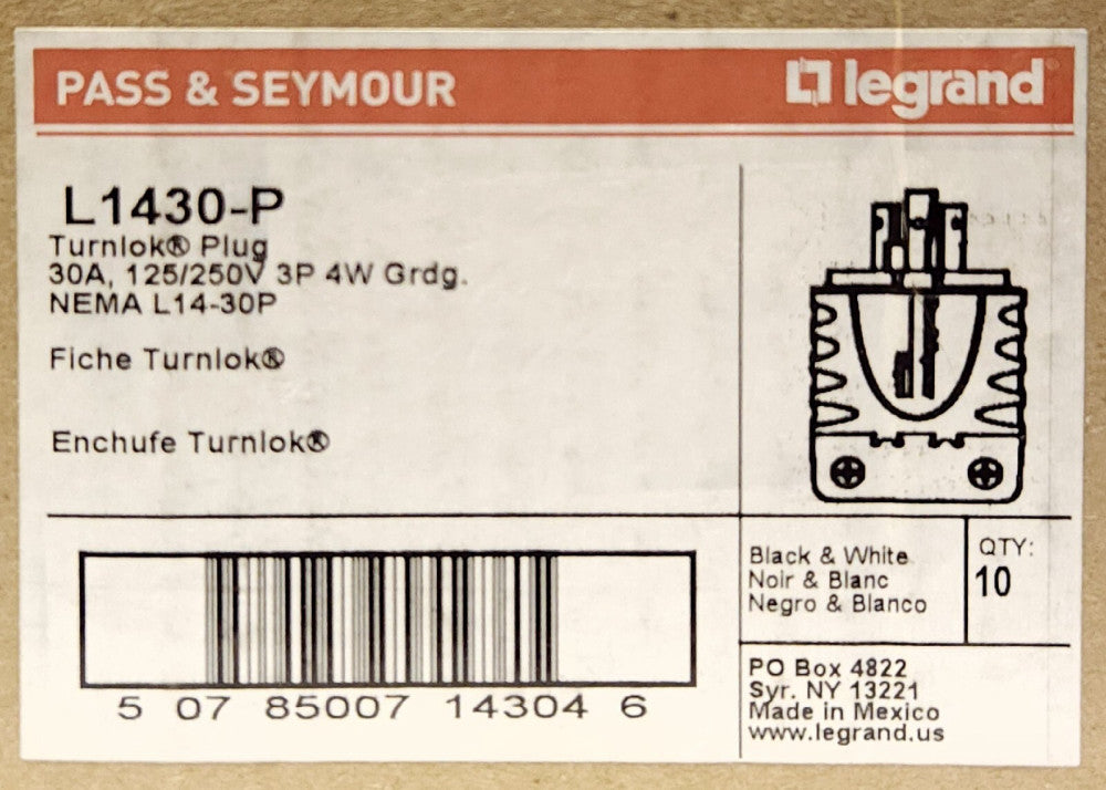 BOX OF 10 PASS & SEYMOUR LEGRAND L1430-P 30 AMP 125 250 VAC TURNLOK Plug L1430 P