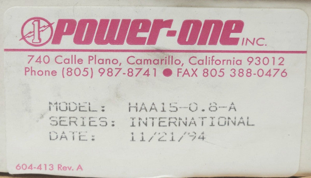 POWER ONE HAA15 0.8 A DC Power Supply Input 100-240 VAC Output 12 VDC HAA15-0.8-