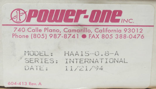 POWER ONE HAA15 0.8 A DC Power Supply Input 100-240 VAC Output 12 VDC HAA15-0.8-