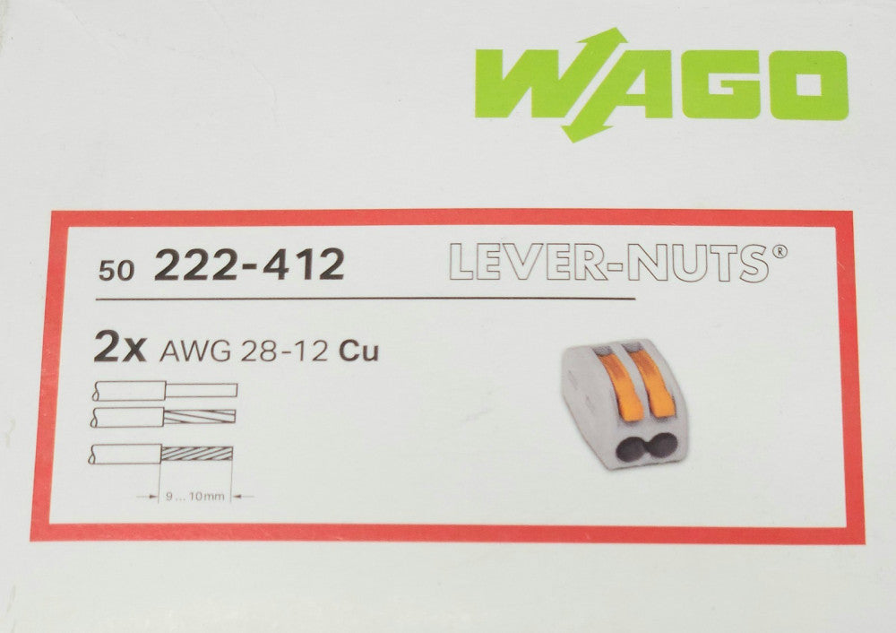 BOX OF 50 WAGO 222-412 Lever Nuts 2 Pole 2X AWG 28-12 CU 2 Conductor 222 412