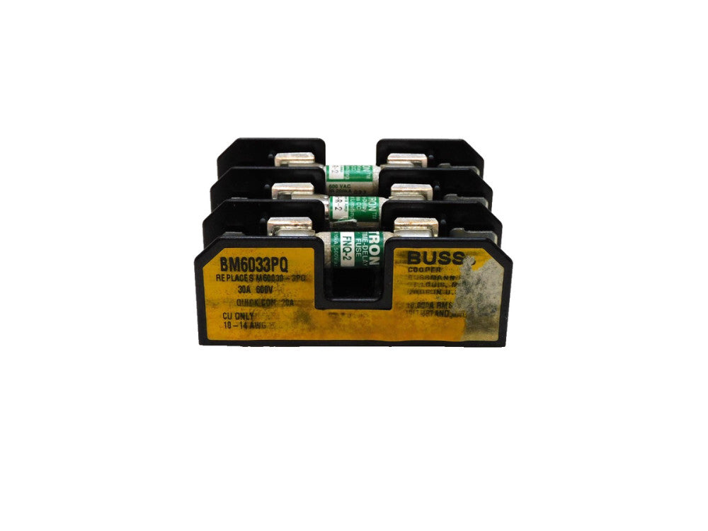 BUSS Fuse Holder BM6033PQ 30A AMP 600V 3 Pole w/ Fuses 2/ FNQ-R-2 & 1/ FNQ-2