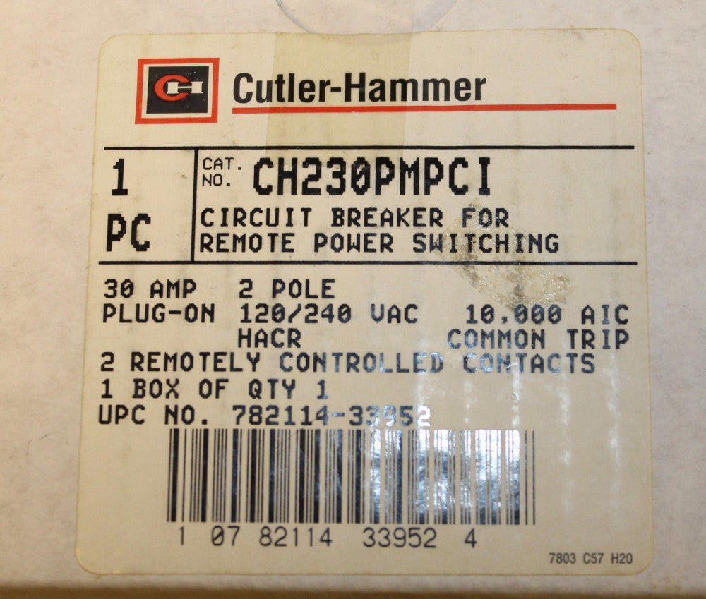 CUTLER HAMMER Type CH Remote Control Circuit Breaker 30 Amp 2 Pole CH230PMPCI