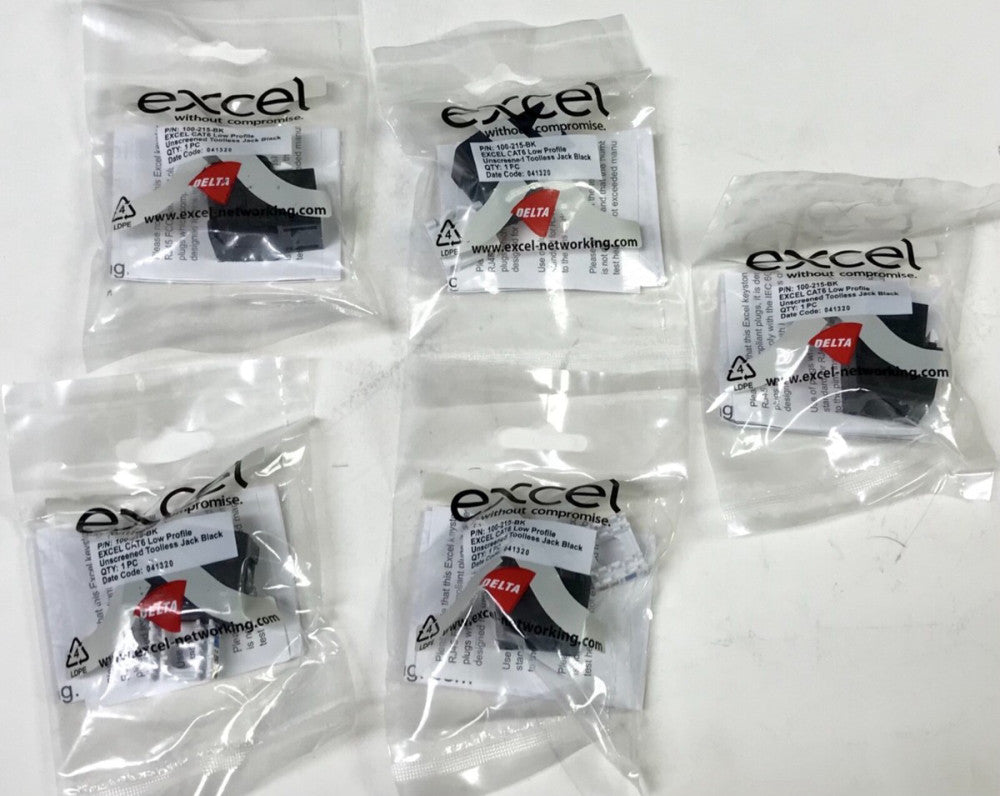 LOT OF (5) EXCEL DELTA 100 215 BK CAT6 TOOLLESS JACK BLACK 5055540502786 Low