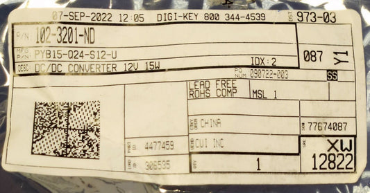 CUI INC PYB15 Q24 S12 U DIGI KEY 102 3201 ND DC to DC Converter Input 9-36 VDC