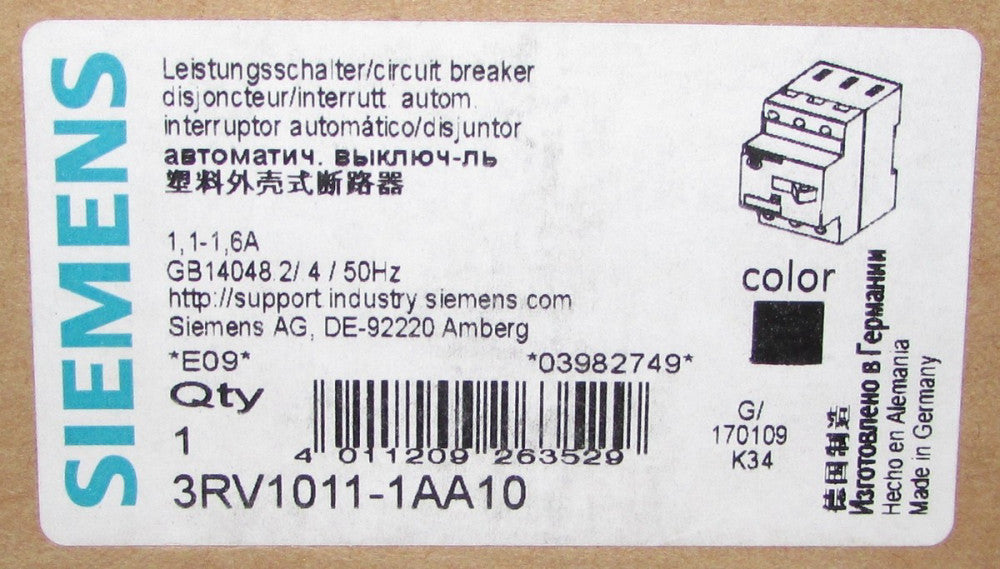 SIEMENS 3RV1011 1AA10 Manual Motor Protector Circuit Breaker 1.1-1.6 Amp 