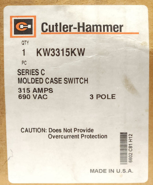 CUTLER HAMMER KW3315KW Molded Case Switch 315 AMPS 690 VAC 3 Pole