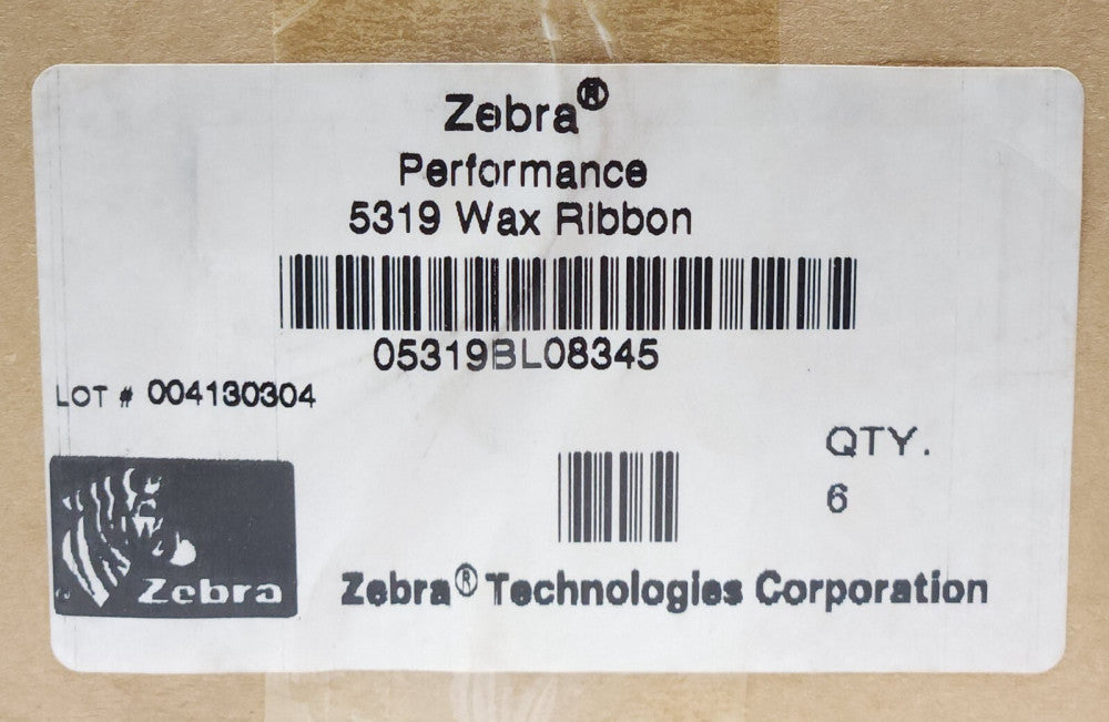 BOX CASE OF 6 ZEBRA 5319 Performance Wax Ribbon BLUE 05319BL08345 83mmX450m