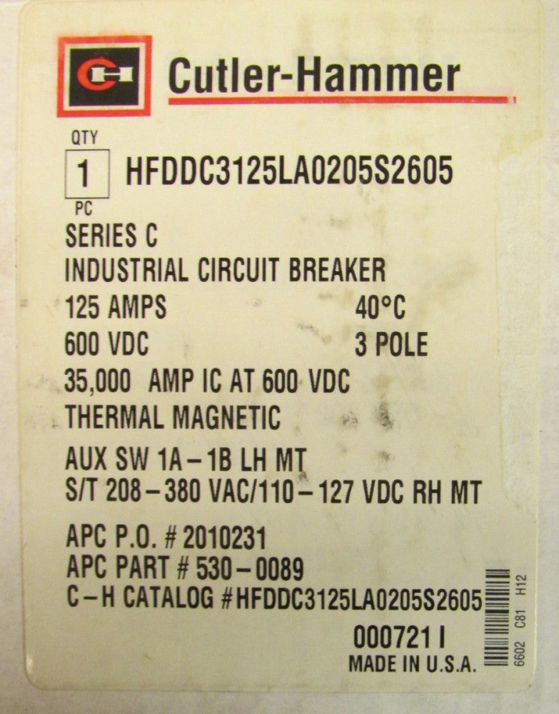 CUTLER HAMMER HFD-DC Breaker 3P 125A 1A 1B Aux Shunt Trip HFDDC3125LA0205S2605