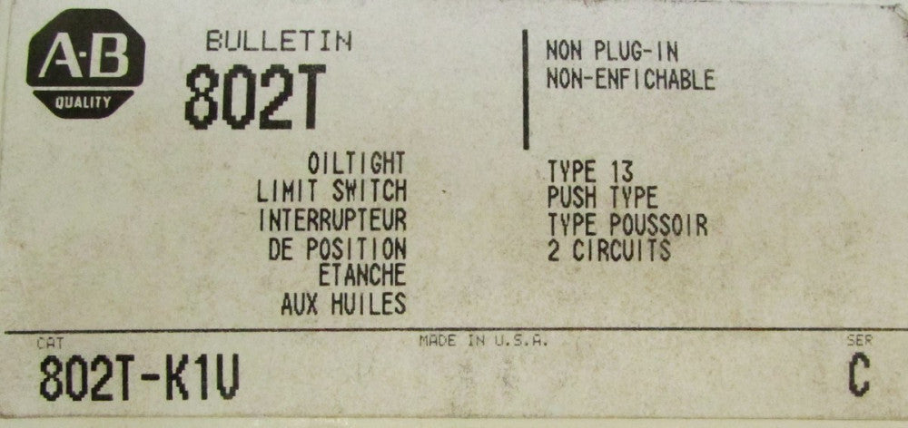 ALLEN BRADLEY 802T K1V Type 13 Oiltight Non Plug In Push Type Limit Switch