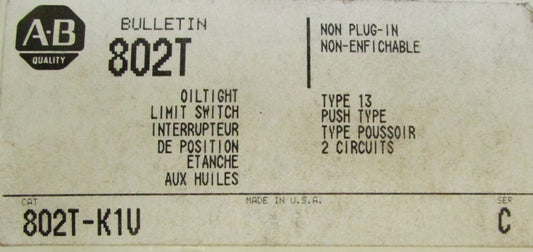 ALLEN BRADLEY 802T K1V Type 13 Oiltight Non Plug In Push Type Limit Switch