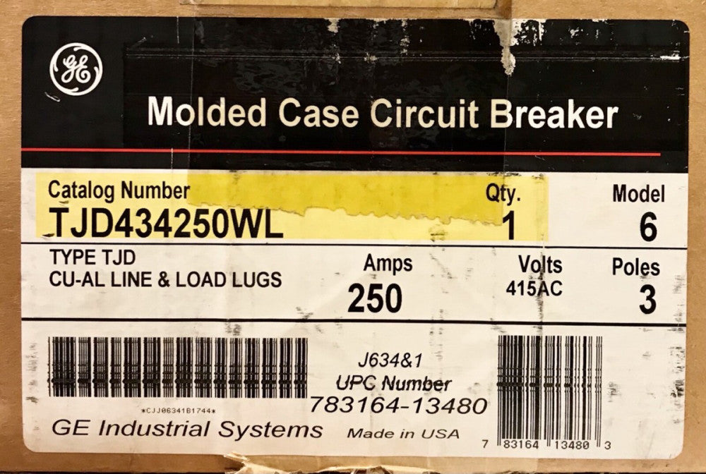 GENERAL ELECTRIC TJD434250WL 3 Pole 250 AMP Type TJF Circuit Breaker 415 VAC