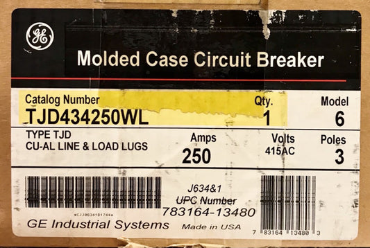 GENERAL ELECTRIC TJD434250WL 3 Pole 250 AMP Type TJF Circuit Breaker 415 VAC