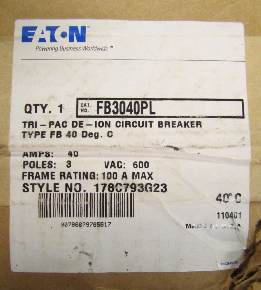EATON CUTLER HAMMER Type FB TRI PAC Circuit Breaker 3 Pole 40 Amp FB3040PL