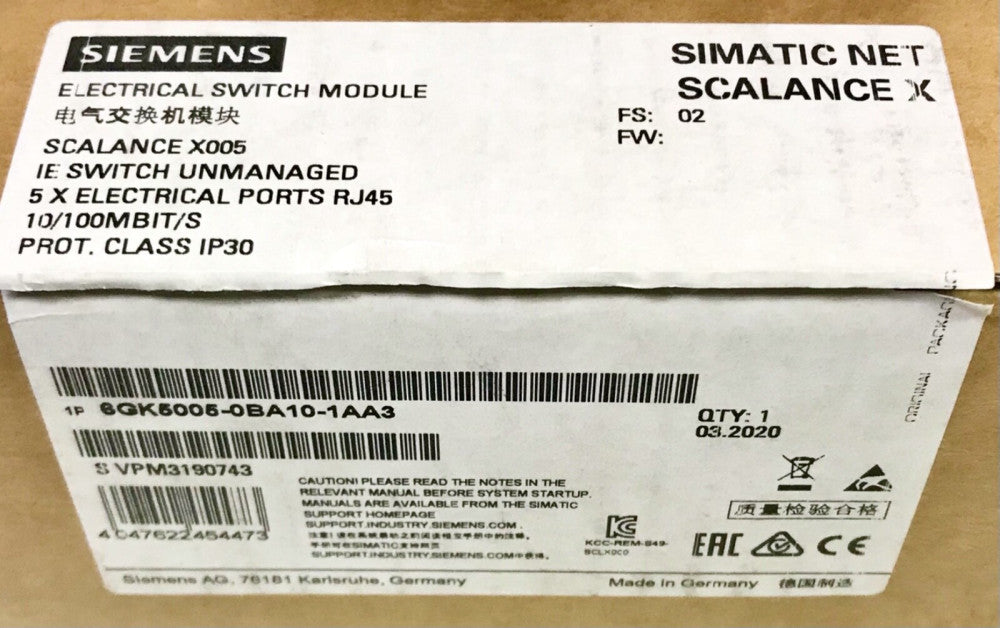 SIEMENS 6GK5005 OBA1O 1AA3 SIMATIC NET SCALANCE X005 5 Port RJ45 Switch Module