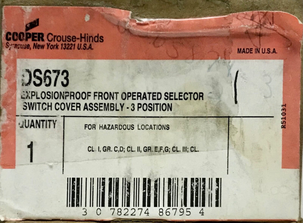 COOPER CROUSE HINDS DS673 Explosion Proof 3 Position Selector Switch Front