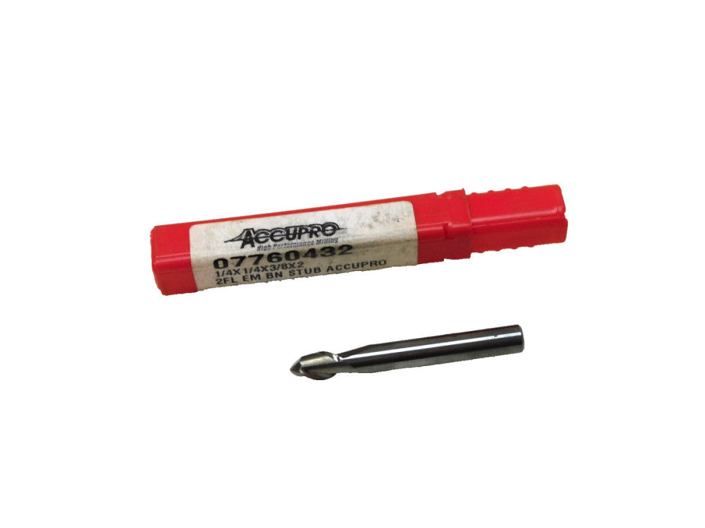 Accupro 07760432 1/4"x 1/4" x 3/8"x 2" 2FL Solid Carbide Ball Nose End Mill
