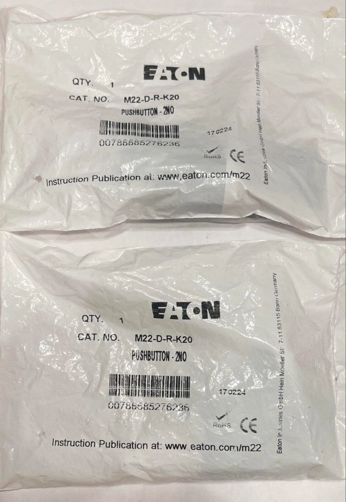 (LOT OF 2) EATON M22 D R K20 RED Push Button 2NO M22-D-R-K20